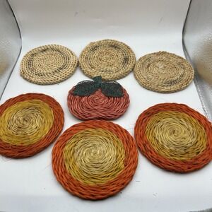 Lot 7 Orange/ Beige/Apple Coasters Retro 70's Natural fiber Woven Farmhouse Fall